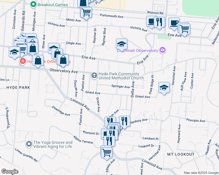 map of restaurants, bars, coffee shops, grocery stores, and more near 2997 Springer Avenue in Cincinnati