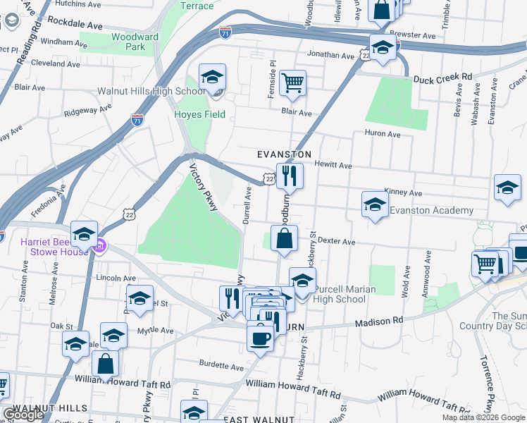 map of restaurants, bars, coffee shops, grocery stores, and more near 1530 Merrimac Street in Cincinnati