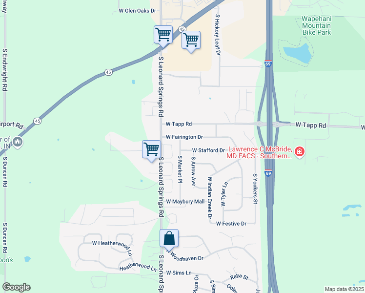 map of restaurants, bars, coffee shops, grocery stores, and more near 3812 West Stafford Drive in Bloomington