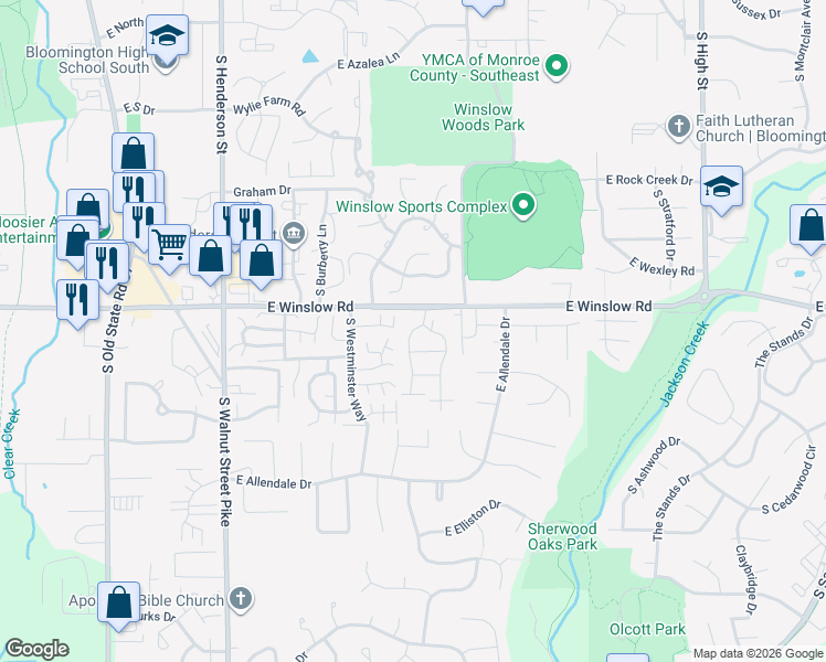 map of restaurants, bars, coffee shops, grocery stores, and more near 1199 East Buckingham East Street in Bloomington