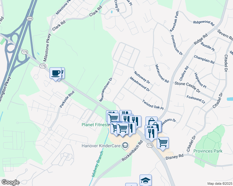map of restaurants, bars, coffee shops, grocery stores, and more near 8369 Meadowood Drive in Severn