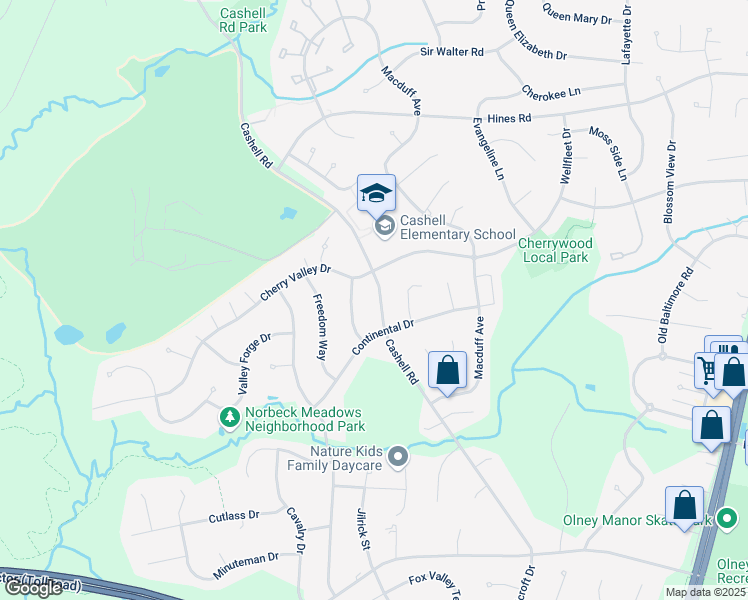 map of restaurants, bars, coffee shops, grocery stores, and more near 16912 Cashell Road in Rockville