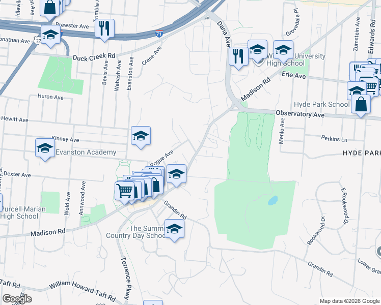 map of restaurants, bars, coffee shops, grocery stores, and more near 2270 Madison Road in Cincinnati