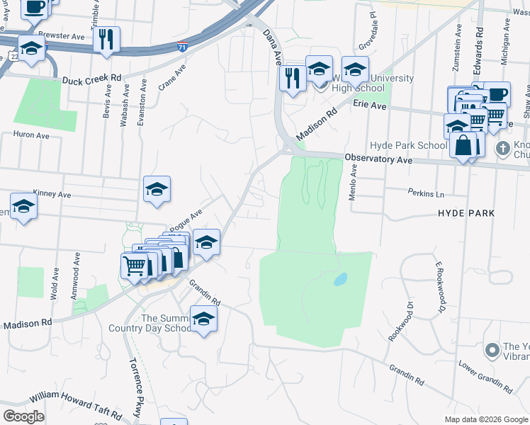 map of restaurants, bars, coffee shops, grocery stores, and more near 2346 Easthill Avenue in Cincinnati
