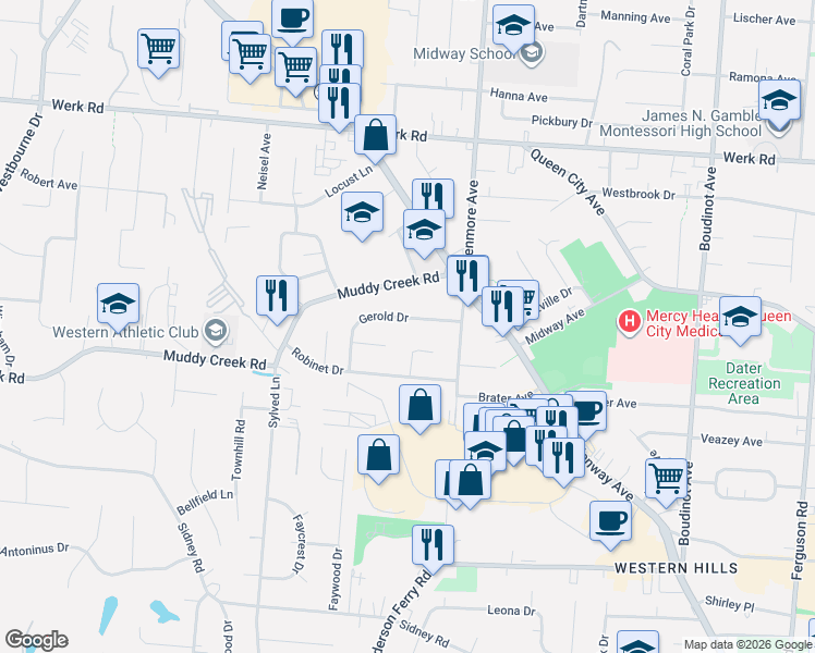 map of restaurants, bars, coffee shops, grocery stores, and more near 3351 Gerold Drive in Cincinnati