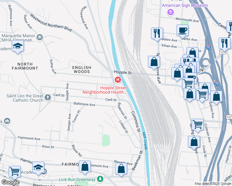 map of restaurants, bars, coffee shops, grocery stores, and more near Beekman St & Denham St in Cincinnati