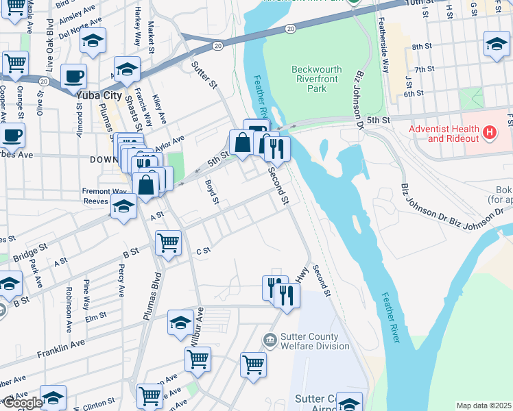 map of restaurants, bars, coffee shops, grocery stores, and more near 254 B Street in Yuba City