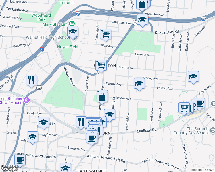 map of restaurants, bars, coffee shops, grocery stores, and more near 3128 Woodburn Avenue in Cincinnati