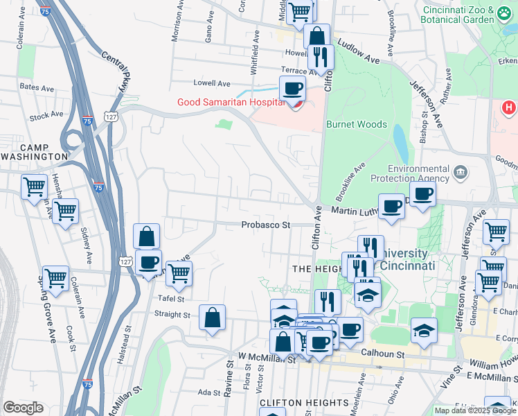 map of restaurants, bars, coffee shops, grocery stores, and more near 471 Riddle Road in Cincinnati