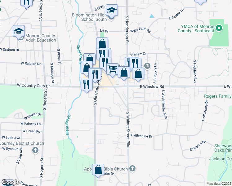 map of restaurants, bars, coffee shops, grocery stores, and more near 110 East Winslow Road in Bloomington