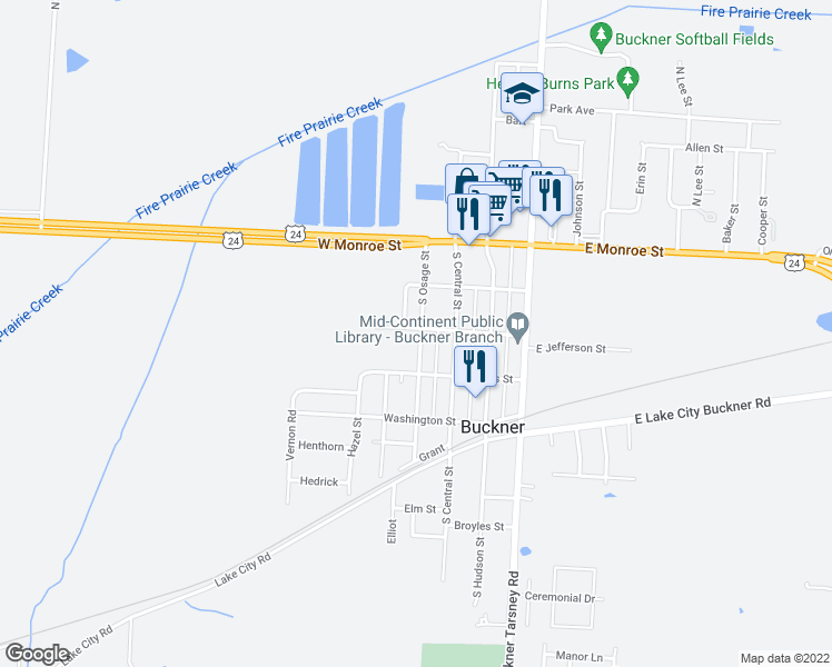map of restaurants, bars, coffee shops, grocery stores, and more near 210 South Osage Street in Buckner