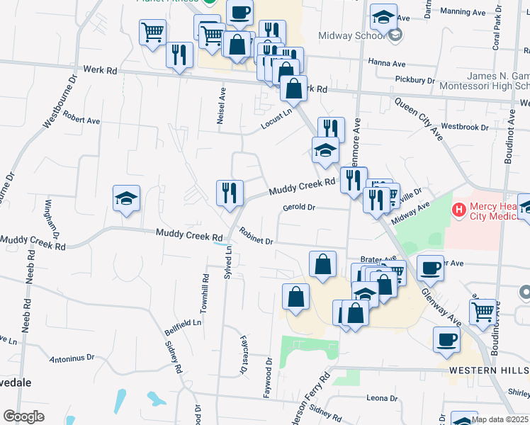 map of restaurants, bars, coffee shops, grocery stores, and more near 2498 Lourdes Lane in Cincinnati
