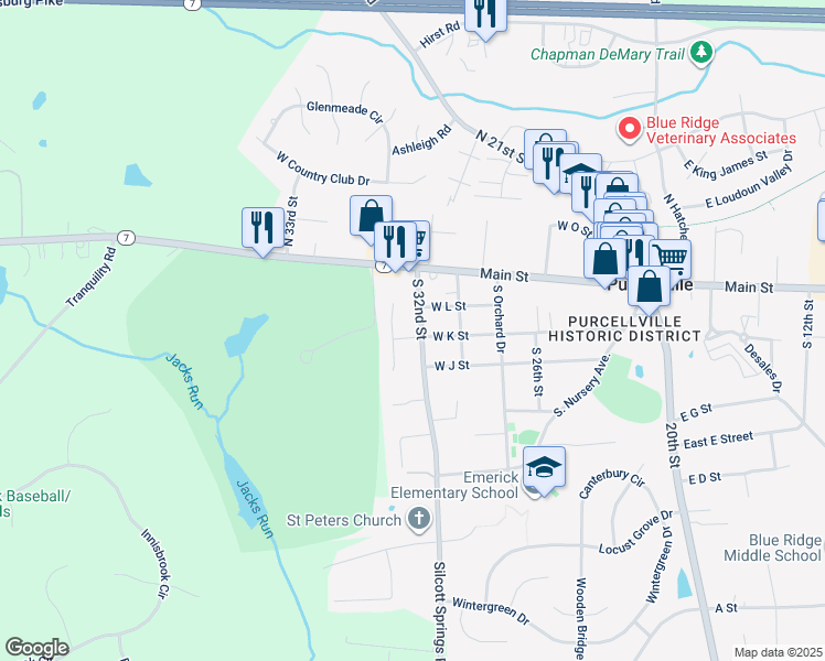 map of restaurants, bars, coffee shops, grocery stores, and more near 601 West K Street in Purcellville