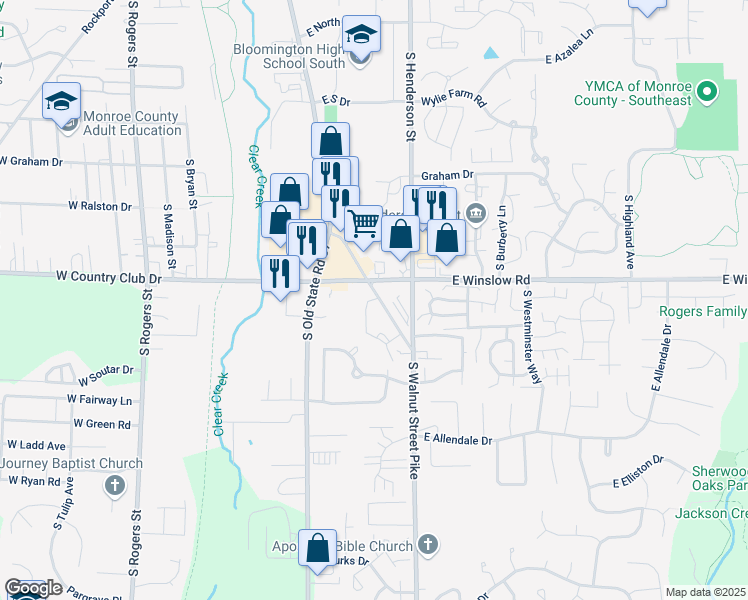 map of restaurants, bars, coffee shops, grocery stores, and more near 2780 South Walnut Street Pike in Bloomington