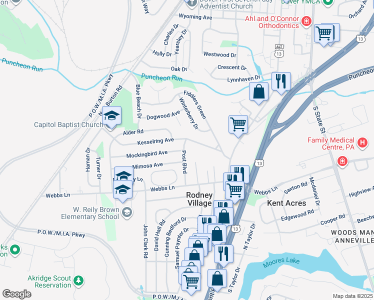 map of restaurants, bars, coffee shops, grocery stores, and more near 321 Post Boulevard in Dover
