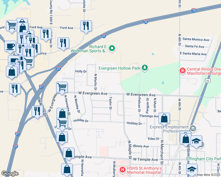 map of restaurants, bars, coffee shops, grocery stores, and more near 904 West Evergreen Avenue in Effingham