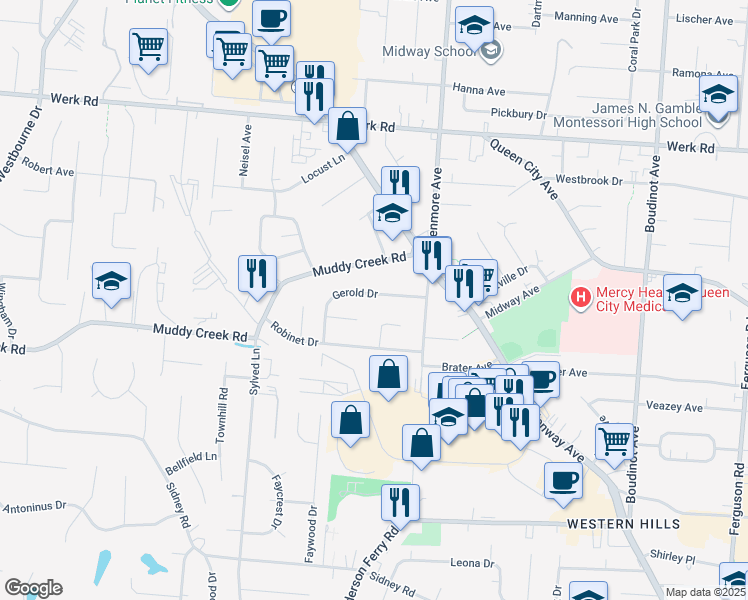 map of restaurants, bars, coffee shops, grocery stores, and more near 3351 Gerold Drive in Cincinnati