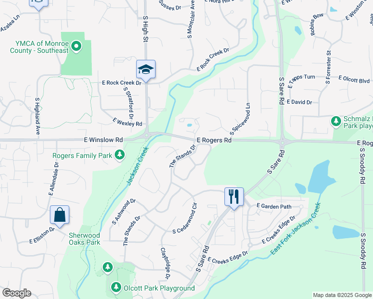 map of restaurants, bars, coffee shops, grocery stores, and more near The Stands Drive in Bloomington