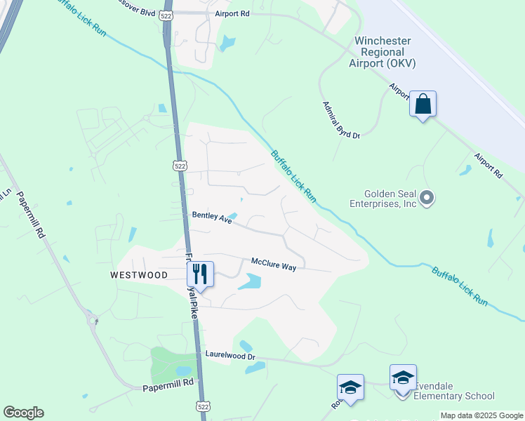 map of restaurants, bars, coffee shops, grocery stores, and more near 109 Shelby Court in Winchester