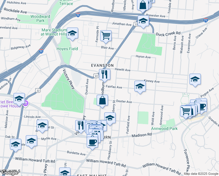 map of restaurants, bars, coffee shops, grocery stores, and more near 3128 Woodburn Avenue in Cincinnati