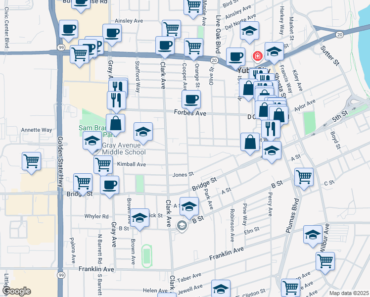 map of restaurants, bars, coffee shops, grocery stores, and more near 709 Cooper Avenue in Yuba City