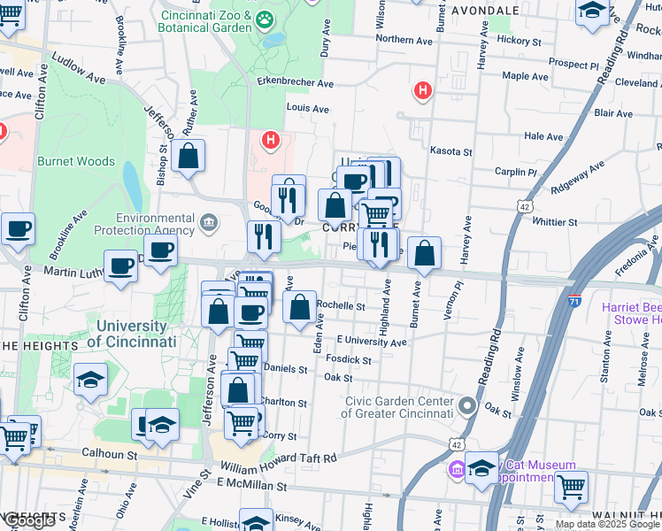 map of restaurants, bars, coffee shops, grocery stores, and more near 3026 Eden Avenue in Cincinnati
