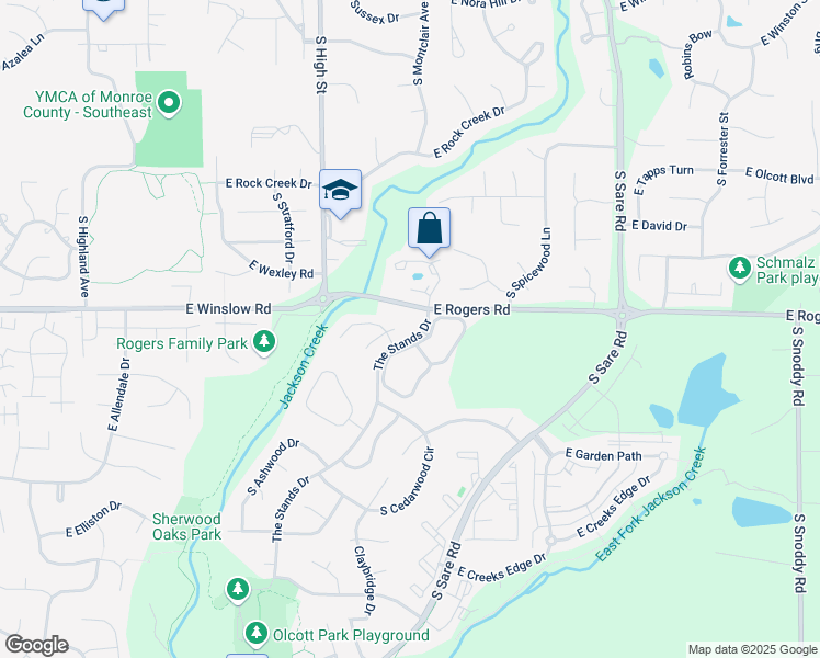 map of restaurants, bars, coffee shops, grocery stores, and more near The Stands Drive in Bloomington