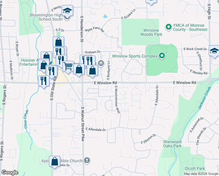 map of restaurants, bars, coffee shops, grocery stores, and more near 3146 South Carnaby Street in Bloomington