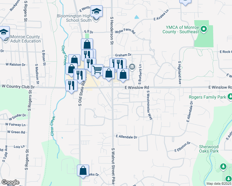 map of restaurants, bars, coffee shops, grocery stores, and more near 741 East Waterloo Court in Bloomington