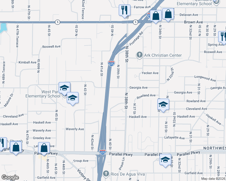 map of restaurants, bars, coffee shops, grocery stores, and more near 3918 Rowland Avenue in Kansas City