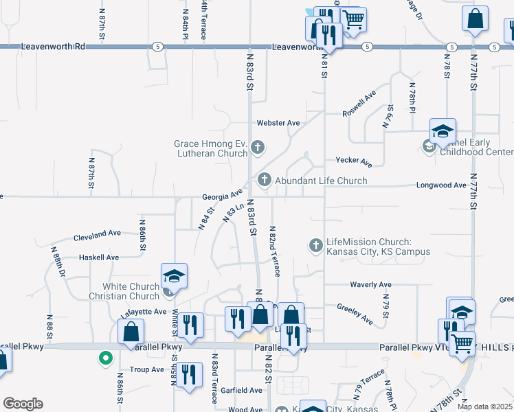 map of restaurants, bars, coffee shops, grocery stores, and more near 2612 North 82nd Terrace in Kansas City