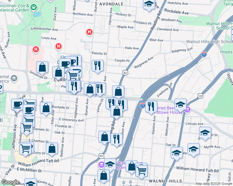 map of restaurants, bars, coffee shops, grocery stores, and more near in Cincinnati
