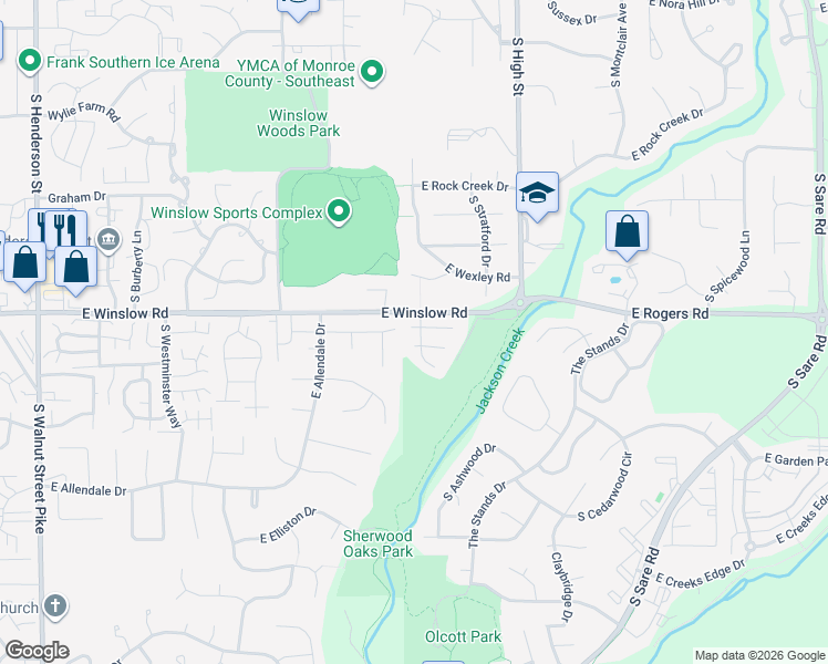 map of restaurants, bars, coffee shops, grocery stores, and more near 1605 East Durham Court in Bloomington