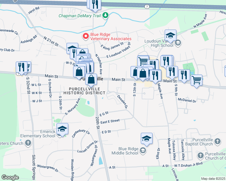 map of restaurants, bars, coffee shops, grocery stores, and more near 116 Desales Drive in Purcellville