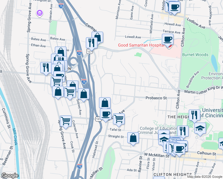 map of restaurants, bars, coffee shops, grocery stores, and more near 2959 Deckebach Avenue in Cincinnati