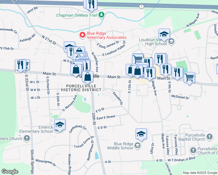 map of restaurants, bars, coffee shops, grocery stores, and more near 116 Desales Drive in Purcellville