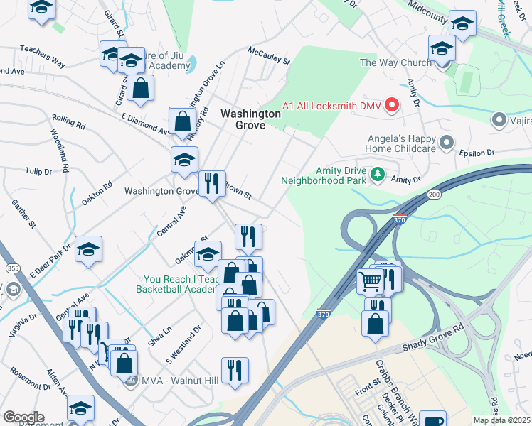 map of restaurants, bars, coffee shops, grocery stores, and more near 414 Brown Street in Washington Grove