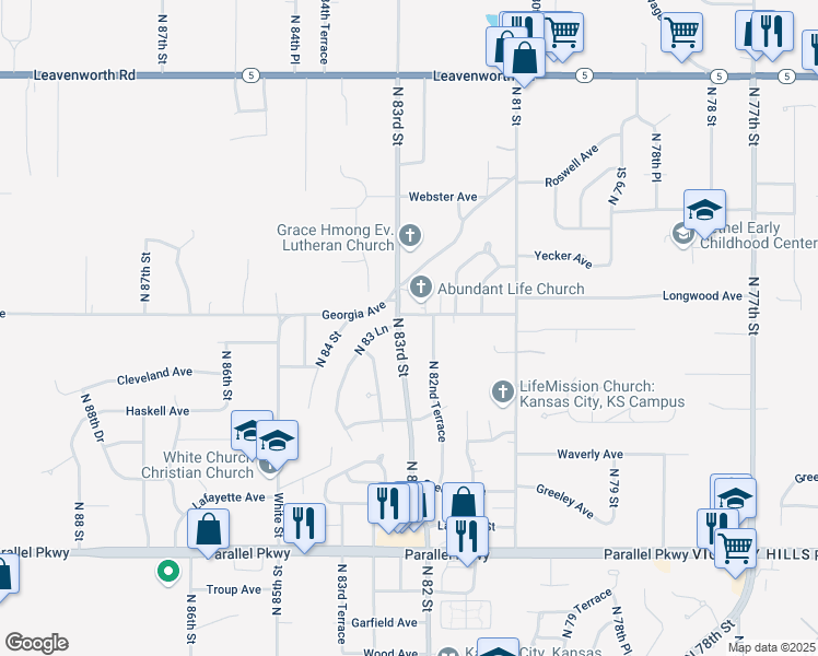 map of restaurants, bars, coffee shops, grocery stores, and more near 2612 North 82nd Terrace in Kansas City