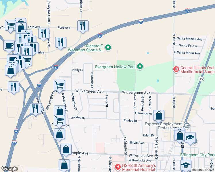 map of restaurants, bars, coffee shops, grocery stores, and more near 900-910 West Evergreen Avenue in Effingham