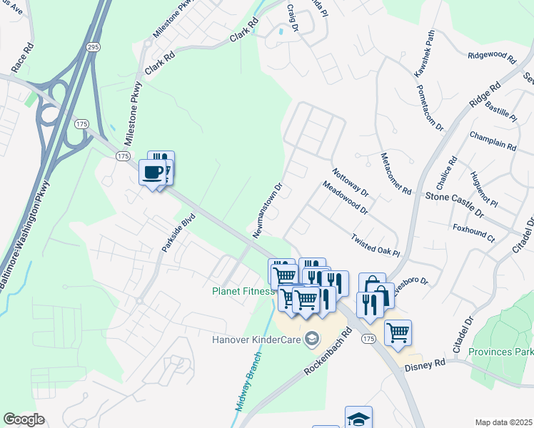 map of restaurants, bars, coffee shops, grocery stores, and more near 2706 Wessex Circle in Hanover