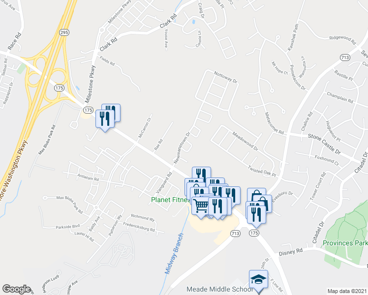 map of restaurants, bars, coffee shops, grocery stores, and more near 2706 Wessex Circle in Hanover