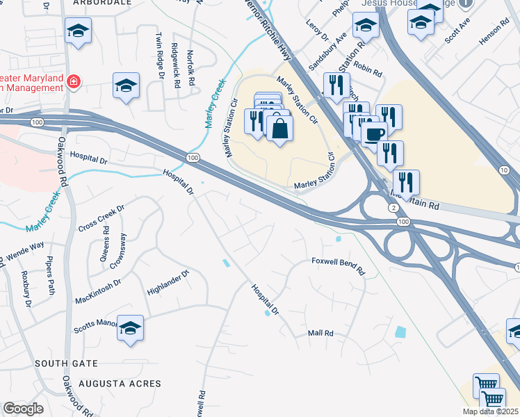 map of restaurants, bars, coffee shops, grocery stores, and more near 150 Foxview Drive in Glen Burnie