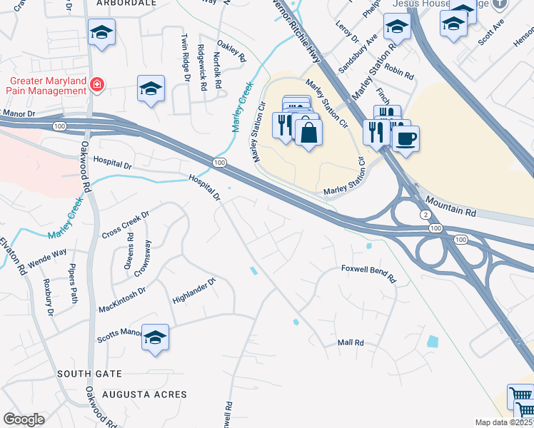 map of restaurants, bars, coffee shops, grocery stores, and more near 123 Foxview Drive in Glen Burnie