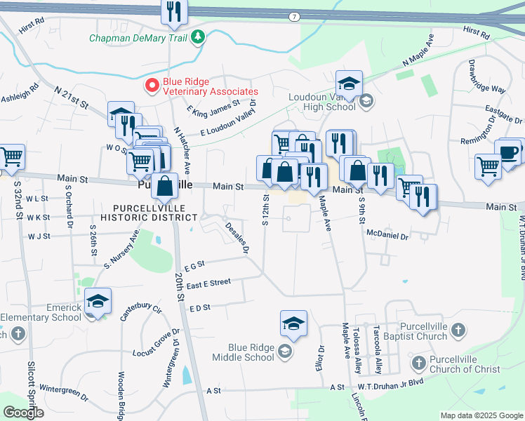 map of restaurants, bars, coffee shops, grocery stores, and more near 141 South 12th Street in Purcellville