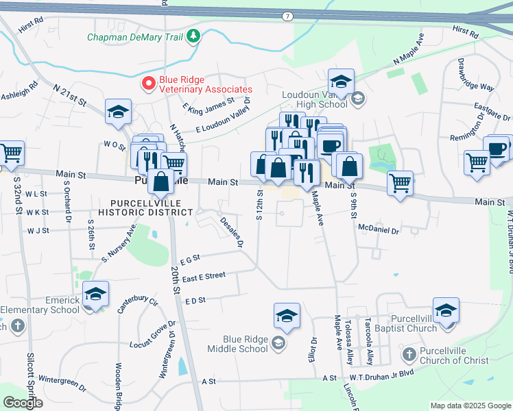 map of restaurants, bars, coffee shops, grocery stores, and more near 141 South 12th Street in Purcellville