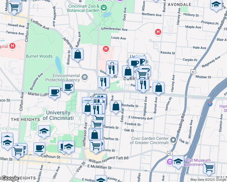 map of restaurants, bars, coffee shops, grocery stores, and more near 3022 Euclid Avenue in Cincinnati