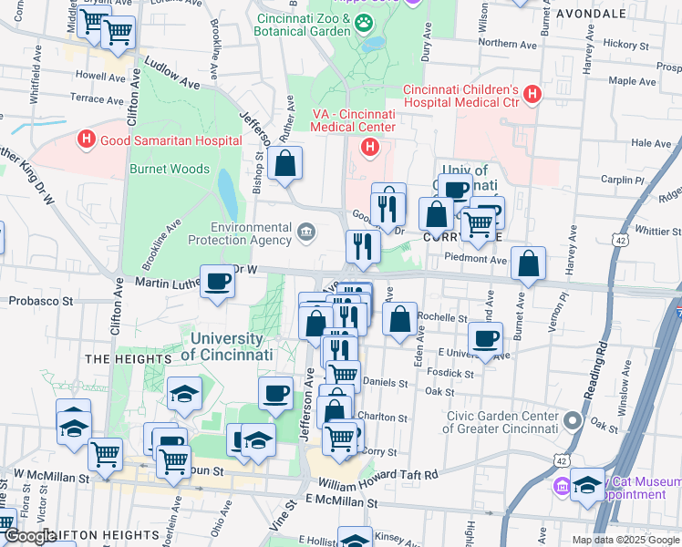 map of restaurants, bars, coffee shops, grocery stores, and more near in Cincinnati