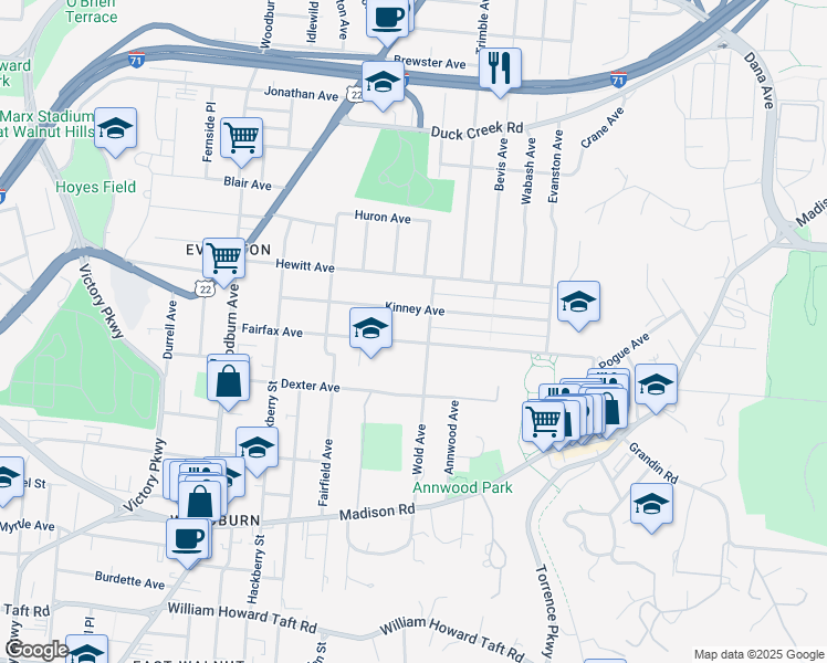 map of restaurants, bars, coffee shops, grocery stores, and more near 1859 Fairfax Avenue in Cincinnati
