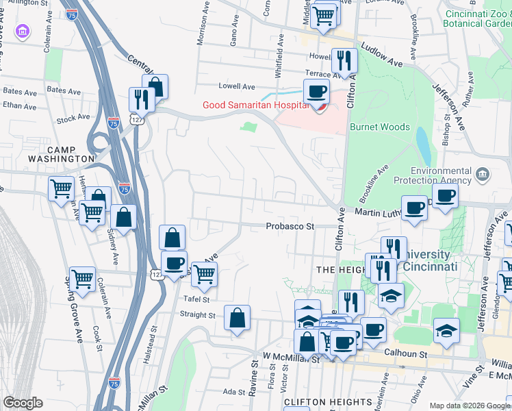 map of restaurants, bars, coffee shops, grocery stores, and more near 501 Sandheger Place in Cincinnati