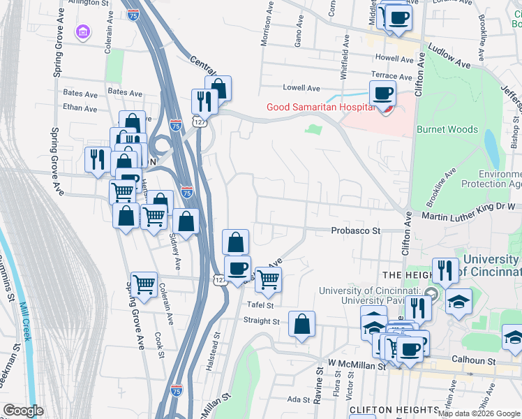 map of restaurants, bars, coffee shops, grocery stores, and more near 2959 Deckebach Avenue in Cincinnati